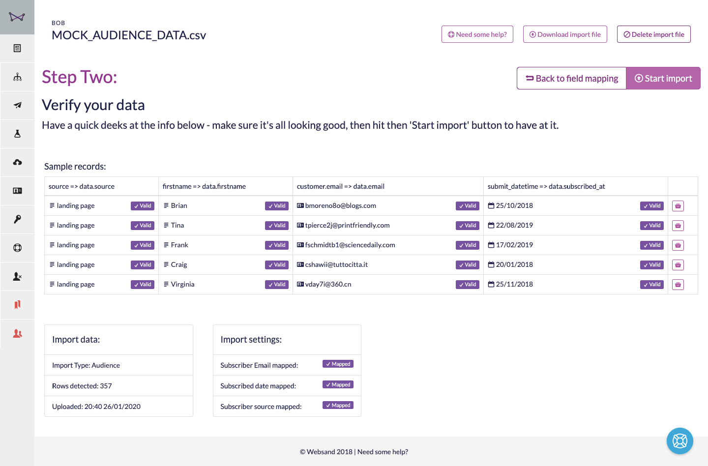 Websand Audience Import Verification Stage