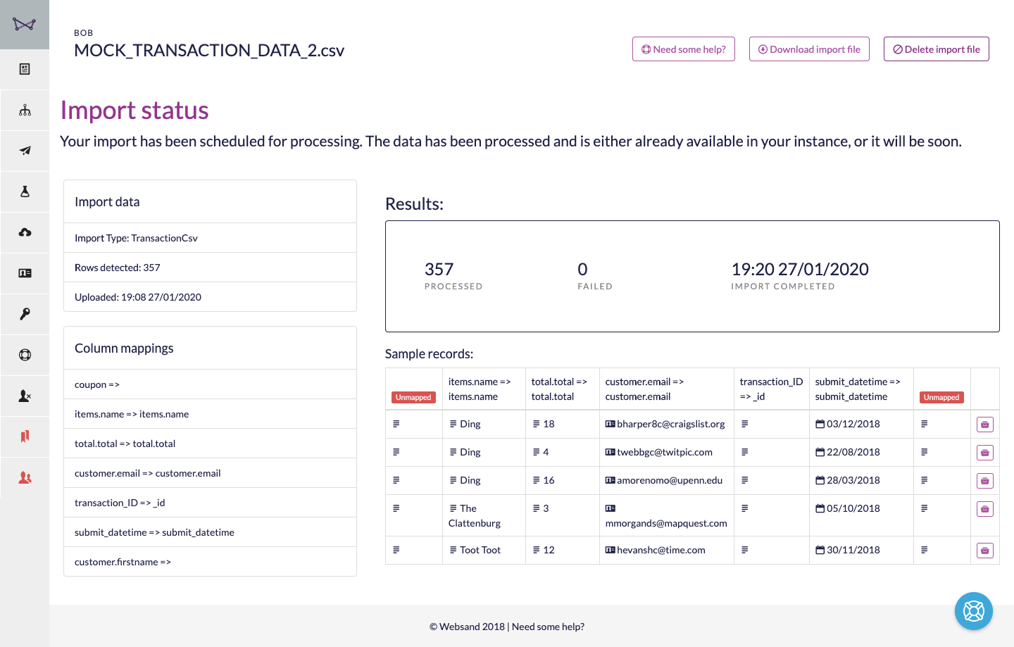 Websand transactional import confirmation
