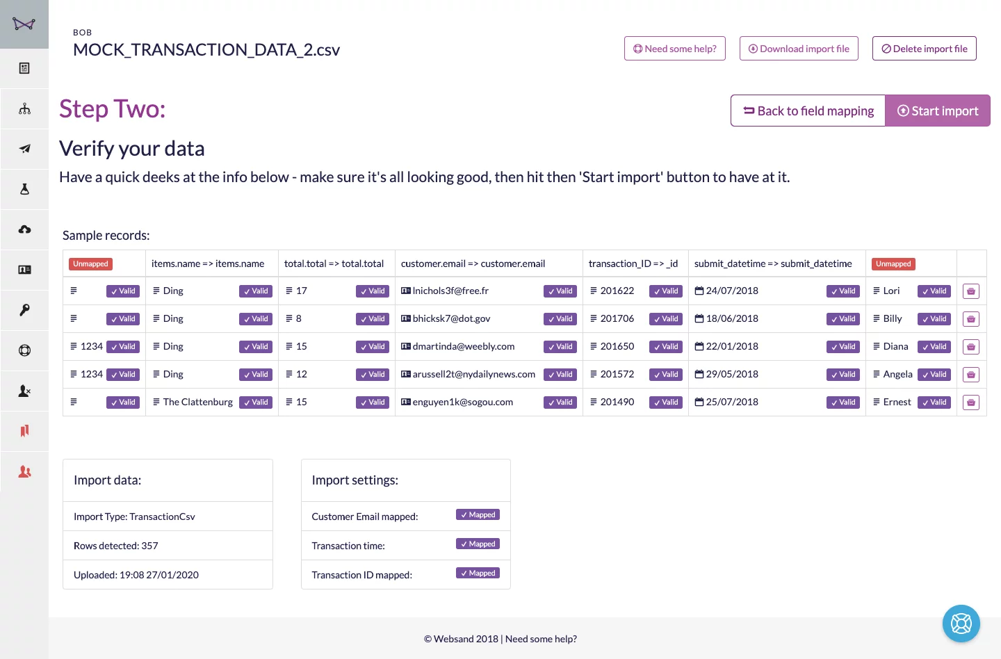 Websand transactional import validation
