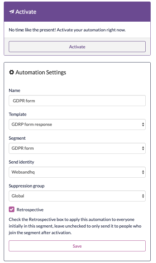 Websand Automation Setup Screenshot