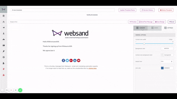 Websand email editor adding a button