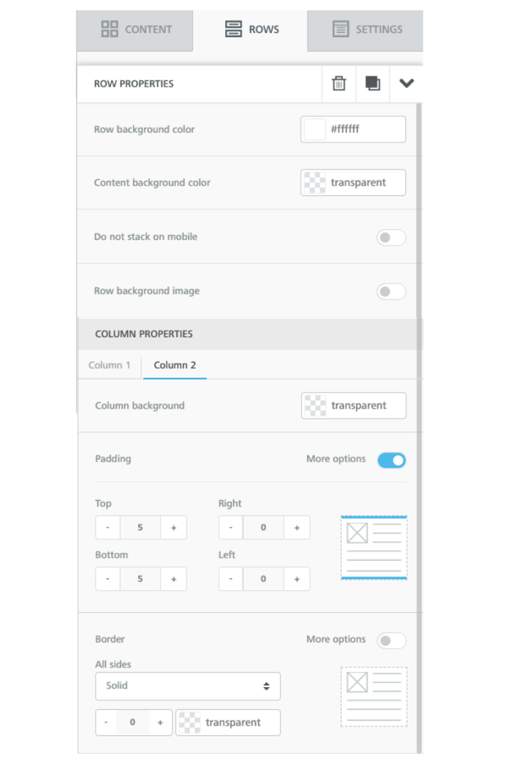 Websand email editor row and column properties