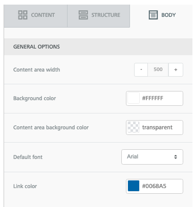 screenshot websand email editor body settings