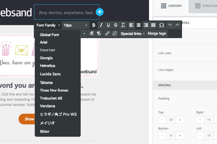 screenshot websand email editor font options