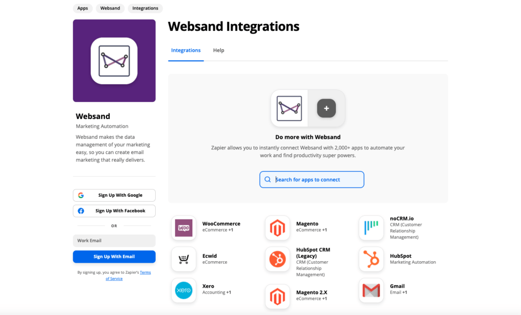 Websand Zapier email marketing integration 