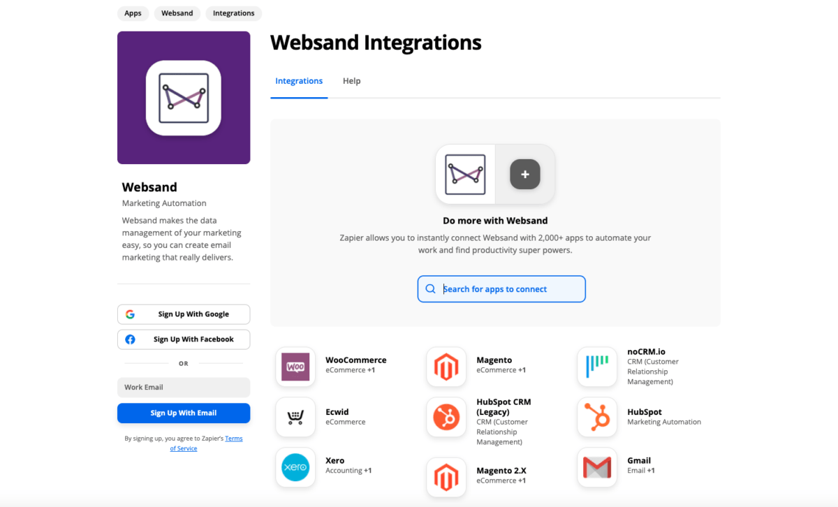 Using Zapier to connect with Websand