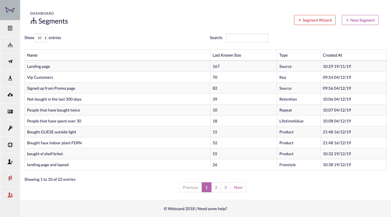 Websand segment menu