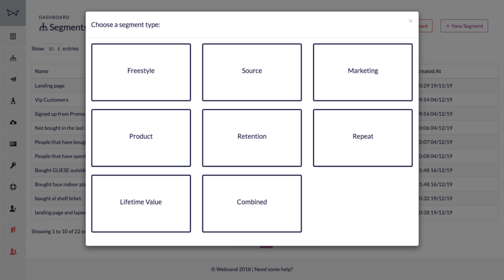 Websand Create New Segment Selection