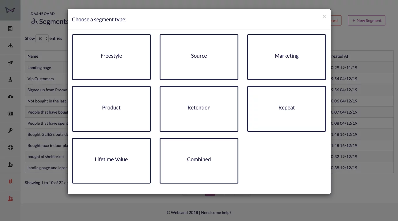 Websand Create New Segment Selection