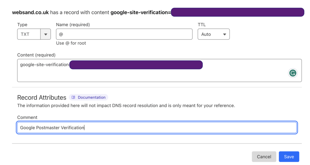 Adding the TXT Google Postmaster Record