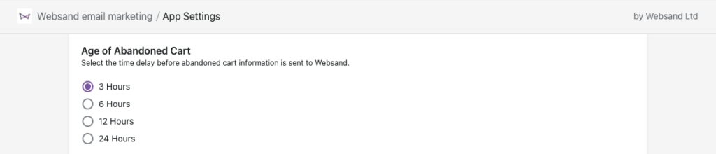 Shopify to Websand abandoned cart settings