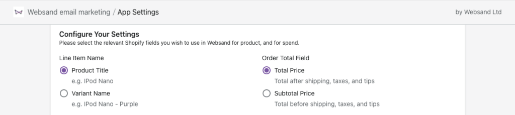 Sync Shopify product information to Websand