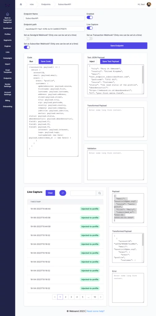 Endpoint settings page within Websand