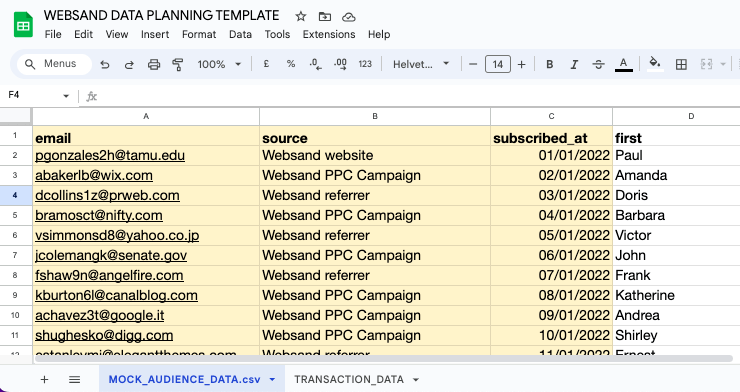 Websand Audience Import Data Template Google Sheet Screenshot