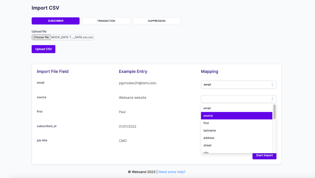 Websand Audience Import data mapping