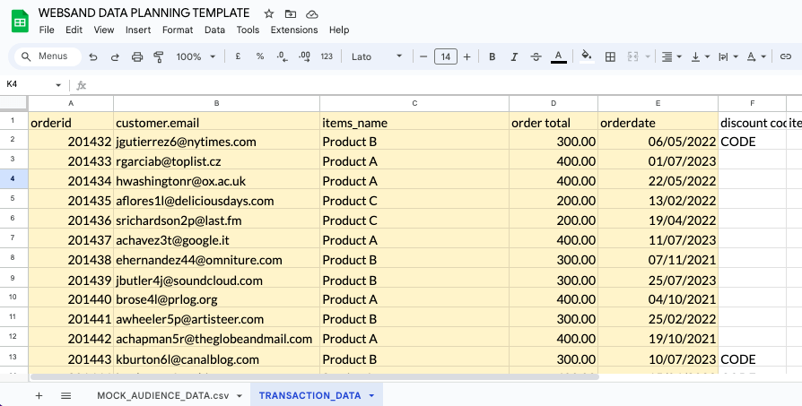 Websand Transaction Import Data Template Google Sheet Screenshot