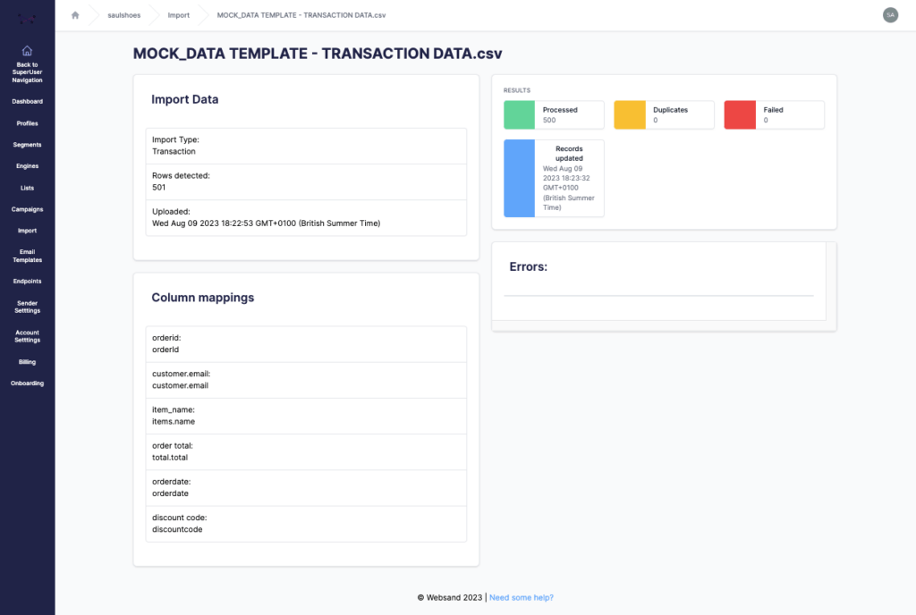 Websand transaction import complete