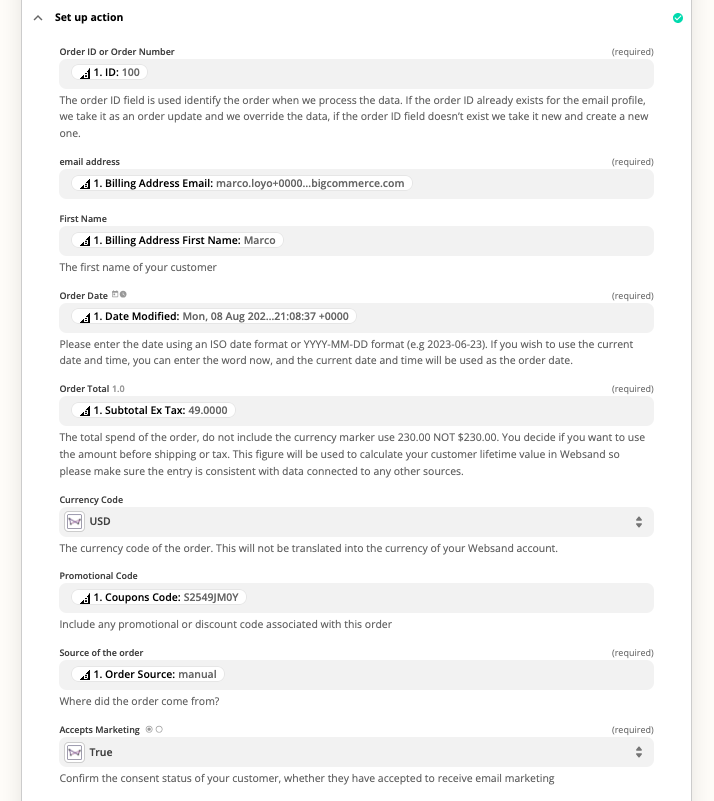 BigCommerce Email Marketing Integration new order update to Websand