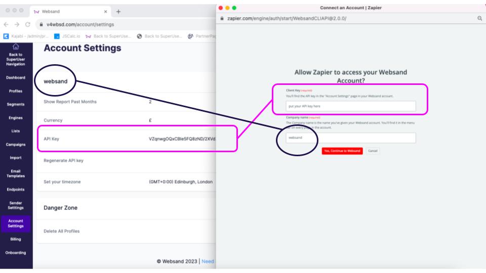 Websand Zapier Account Connection