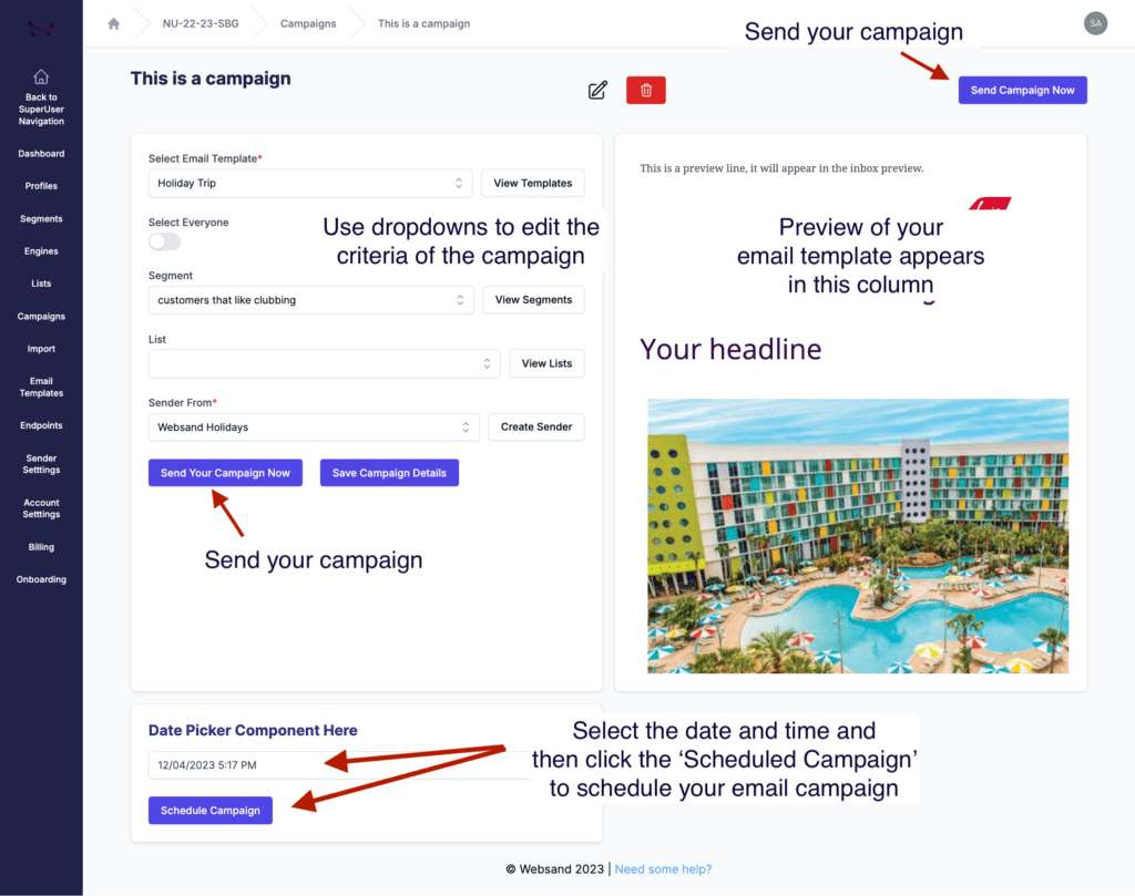sending an email campaign in Websand - campaign schedule page